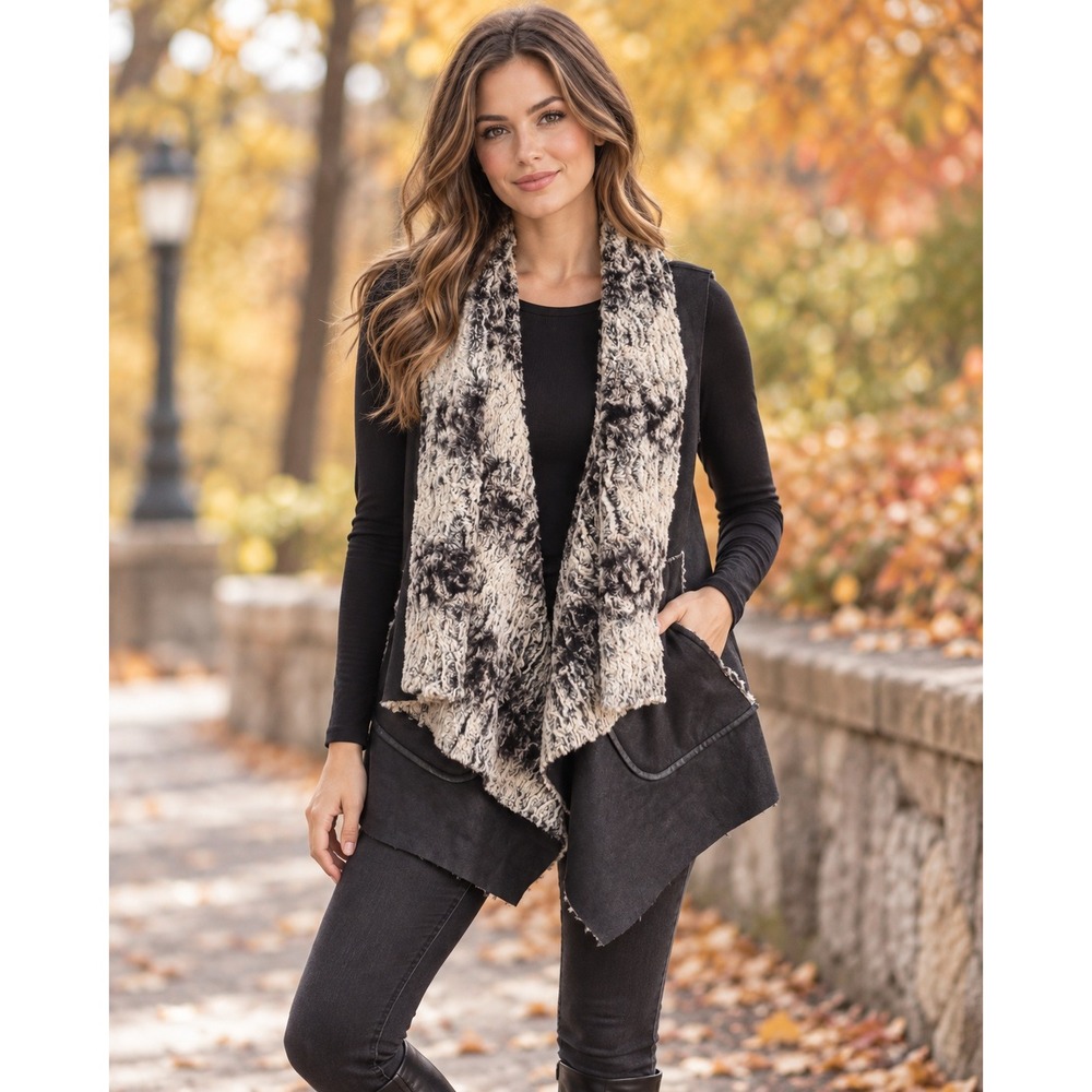 Saks Fifth Avenue Faux Leather Fur Waterfall Vest Luxe Boho XL Edgy Fall City